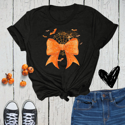 Orange Spider Web Halloween Bow Tee